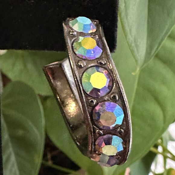 YSL Vintage Aurora Borealis Curved Hoop Earrings Crystal Rhinestone Signed 80s - Picture 14 of 16